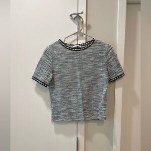 Zara Tweed Blue Short Sleeve Top Pearl Size S